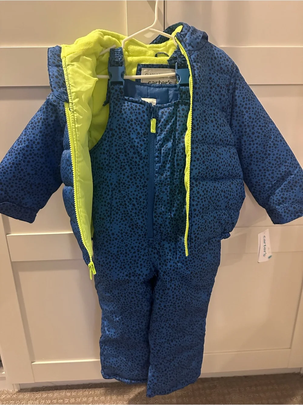 4T Carters Blue Monster Kids Snowsuit with Bib Overalls and hooded jacket